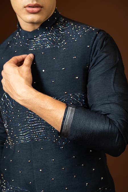 Buy_PAARSH_Blue Cotton Pearls, Embroidery, Cut Work Navy Bundi Kurta Set 