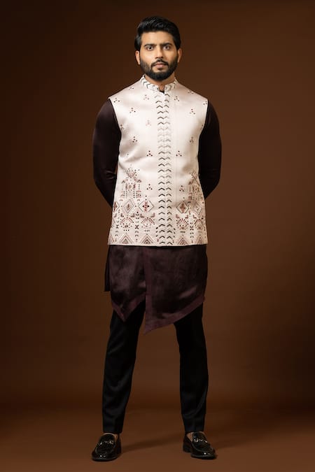 PAARSH_Pink Modal, Linen, Cotton Embroidery Pipe And Thread Bundi Kurta Set _Online_at_Aza_Fashions