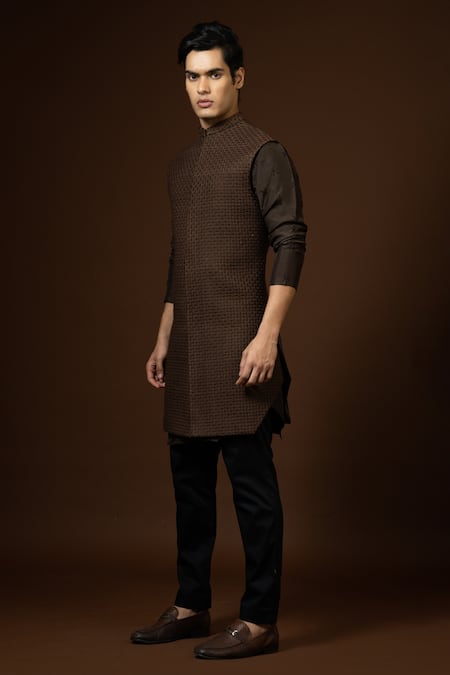 PAARSH Brown Thread Embroidered Bundi Kurta Set 