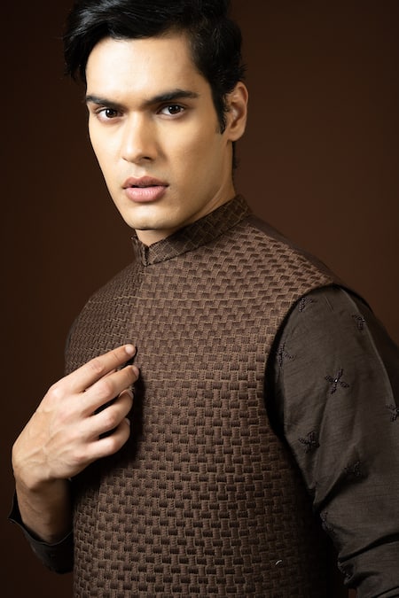 Shop_PAARSH_Brown Cotton, Silk, Bamboo Embroidery Thread Bundi Kurta Set _Online_at_Aza_Fashions