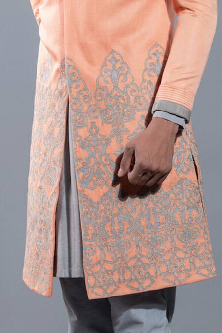 More Mischief_Orange Silk, Linen Applique Embroidered Sherwani_Online_at_Aza_Fashions