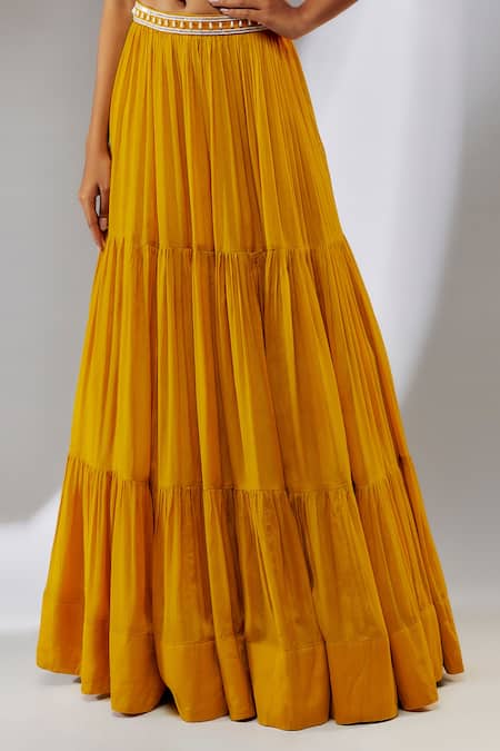 Neha Khullar_Yellow Chiffon, Crepe Cut Work, Pearls Sweetheart Neck Tiered Lehenga Cape Set _Online_at_Aza_Fashions
