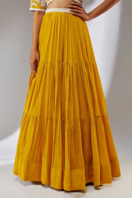 Neha Khullar Yellow Chiffon, Crepe Sequins, Cut Work, Pearls, Metallic Tiered Lehenga Set Online at Aza Fashions Neha Khullar_Yellow Chiffon, Crepe Sequins, Cut Work, Pearls, Metallic Tiered Lehenga Set _Online_at_Aza_Fashions