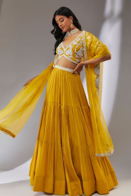 Buy Neha Khullar Yellow Chiffon, Crepe Sequins, Cut Work, Pearls, Metallic Tiered Lehenga Set Online at Aza Fashions Buy_Neha Khullar_Yellow Chiffon, Crepe Sequins, Cut Work, Pearls, Metallic Tiered Lehenga Set _Online_at_Aza_Fashions