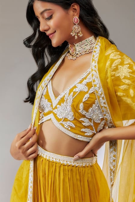Shop Neha Khullar Yellow Chiffon, Crepe Sequins, Cut Work, Pearls, Metallic Tiered Lehenga Set Online at Aza Fashions Shop_Neha Khullar_Yellow Chiffon, Crepe Sequins, Cut Work, Pearls, Metallic Tiered Lehenga Set _Online_at_Aza_Fashions