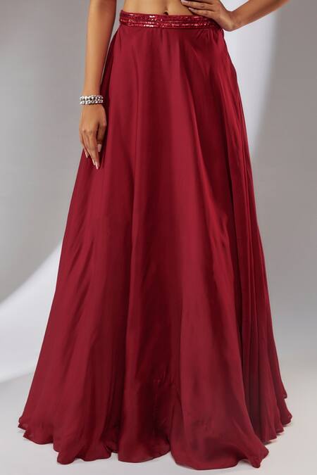 Neha Khullar_Red Satin, Net, Organza Sequins, Metallic Embroidered Waistband Lehenga Set _Online_at_Aza_Fashions