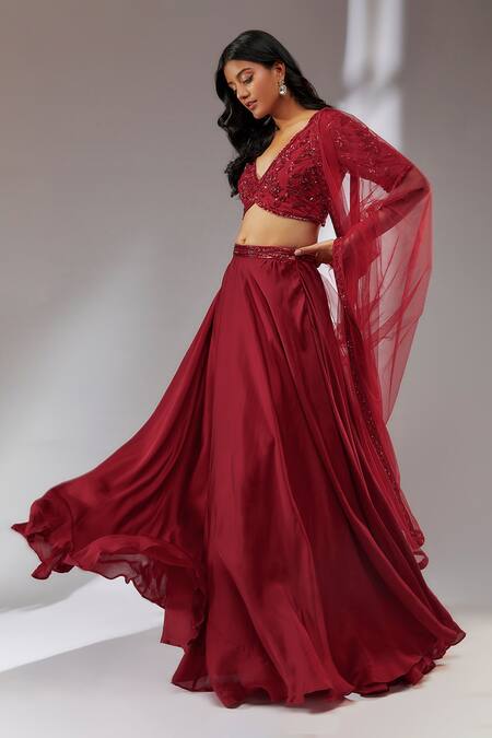 Buy_Neha Khullar_Red Satin, Net, Organza Sequins, Metallic Embroidered Waistband Lehenga Set _Online_at_Aza_Fashions