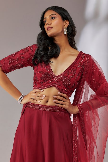 Shop_Neha Khullar_Red Satin, Net, Organza Sequins, Metallic Embroidered Waistband Lehenga Set _Online_at_Aza_Fashions