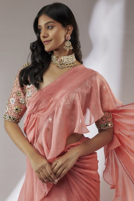 Neha Khullar Peach Organza, Net, Cotton Embroidery Pre-draped Ruffle Saree With Blouse Online at Aza Fashions Neha Khullar_Peach Organza, Net, Cotton Embroidery Pre-draped Ruffle Saree With Blouse _Online_at_Aza_Fashions