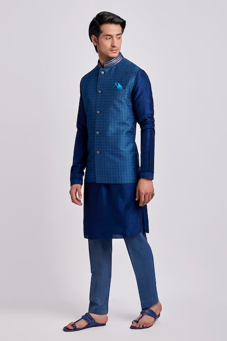 Shop Bubber Couture Blue Silk Embroidery Diametric Print Bundi Online at Aza Fashions Shop_Bubber Couture_Blue Silk Embroidery Diametric Print Bundi _Online_at_Aza_Fashions