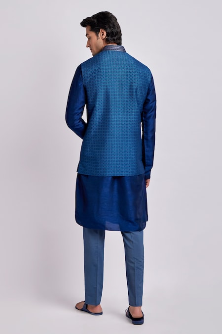 Bubber Couture Blue Silk Embroidery Diametric Print Bundi at Aza Fashions Bubber Couture_Blue Silk Embroidery Diametric Print Bundi _at_Aza_Fashions