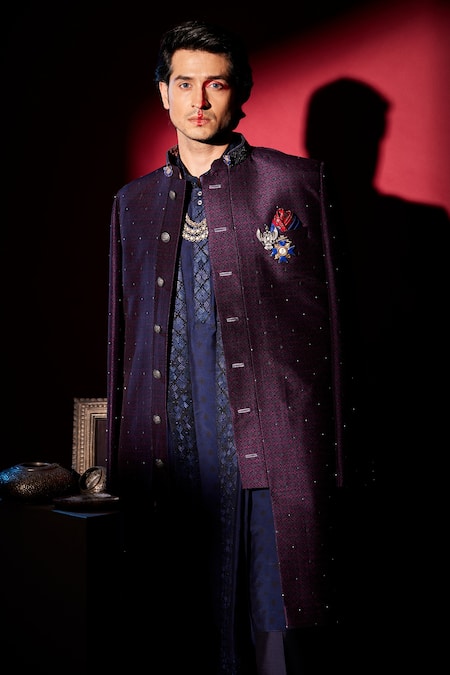Bubber Couture_Wine Silk Embroidery Nikolai Diametric Print Sherwani Jacket _Online_at_Aza_Fashions