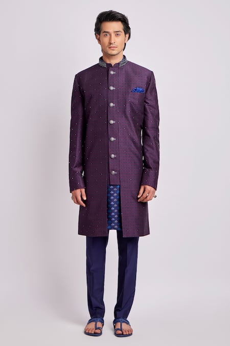 Bubber Couture_Wine Silk Embroidery Nikolai Diametric Print Sherwani Jacket _at_Aza_Fashions