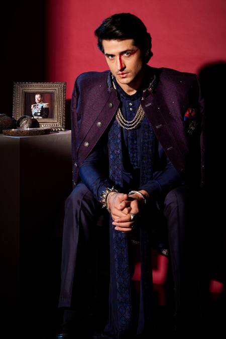 Buy_Bubber Couture_Wine Silk Embroidery Nikolai Diametric Print Sherwani Jacket _Online_at_Aza_Fashions