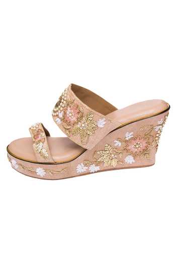 Kkarma Accessories_Pink Embroidery Rose Gold Platform Wedges _Online_at_Aza_Fashions