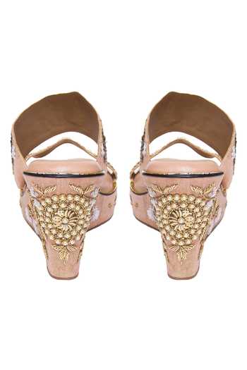 Buy_Kkarma Accessories_Pink Embroidery Rose Gold Platform Wedges _Online_at_Aza_Fashions