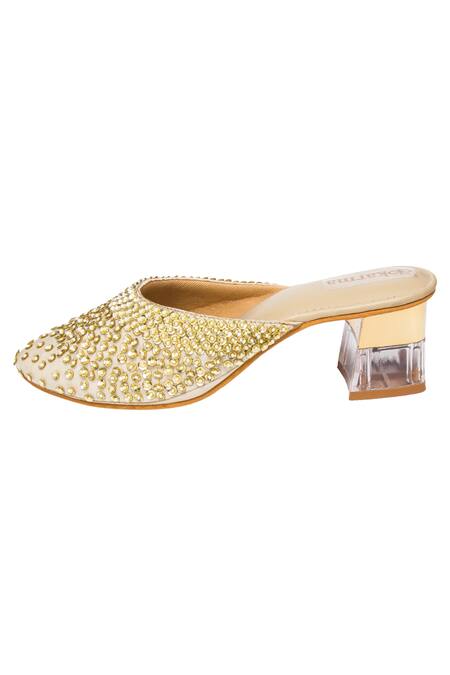 Kkarma Accessories_Gold Embroidery Nisha Mule Transparent Block Heels_Online_at_Aza_Fashions