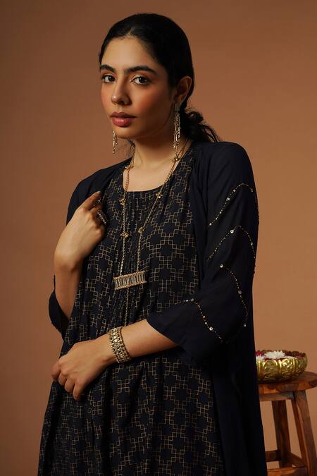 OMI Blue Crepe Sequins Open , Round Embroidered Shrug And Pant Set Online at Aza Fashions OMI_Blue Crepe Sequins Open , Round Embroidered Shrug And Pant Set _Online_at_Aza_Fashions