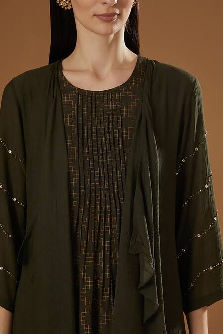 Buy OMI Green Crepe Sequins Open , Round Embroidered Shrug And Pant Set Online at Aza Fashions Buy_OMI_Green Crepe Sequins Open , Round Embroidered Shrug And Pant Set _Online_at_Aza_Fashions