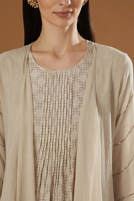 OMI_Ivory Crepe, Bamboo Sequins Open , Round Embroidered Shrug And Pant Set _Online_at_Aza_Fashions