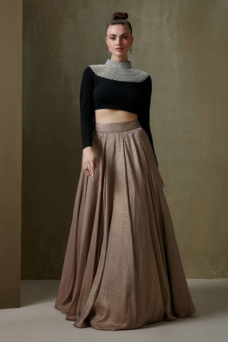 Namrata Joshipura_Gold Jersey Hand Embellished Pearls High Neck Vine Skirt Blouse Set _Online_at_Aza_Fashions