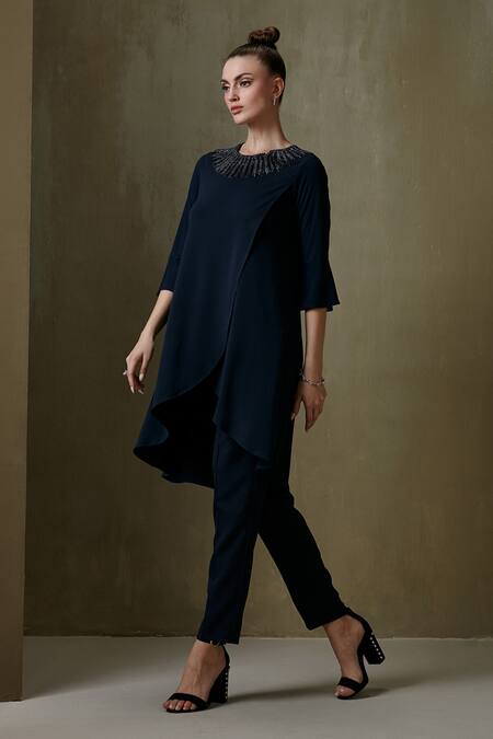 Namrata Joshipura_Blue Jersey Embellished Geometric Round Chain Streak Overlap Tunic _Online_at_Aza_Fashions