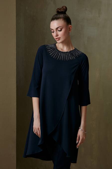 Buy_Namrata Joshipura_Blue Jersey Embellished Geometric Round Chain Streak Overlap Tunic _Online_at_Aza_Fashions