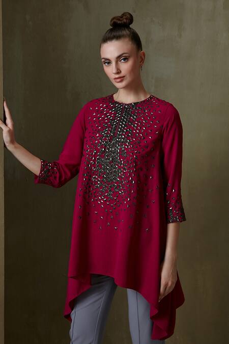 Buy_Namrata Joshipura_Magenta Textured Crepe Embellished Triad Asymmetric Hem Tunic _Online_at_Aza_Fashions