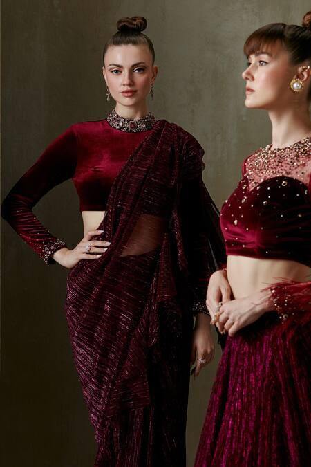 Namrata Joshipura_Wine Velvet And Shimmer Pleated Hand Jewel Cluster Pre-draped Saree Set _Online_at_Aza_Fashions