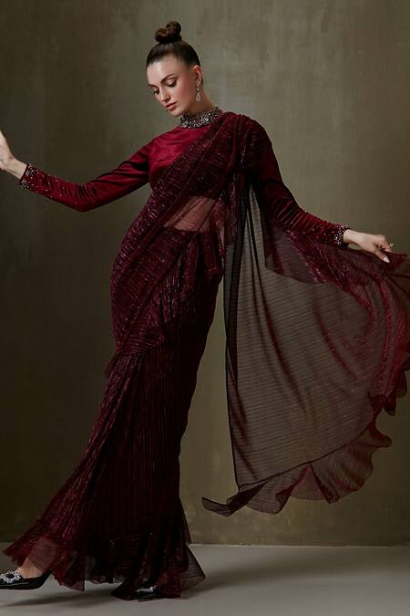Shop_Namrata Joshipura_Wine Velvet And Shimmer Pleated Hand Jewel Cluster Pre-draped Saree Set _Online_at_Aza_Fashions