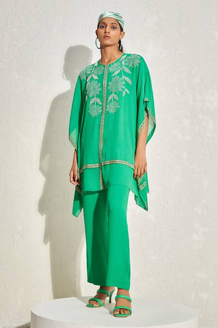 Namrata Joshipura_Green Georgette Hand Embellished Forsythia Kaftan And Pant Co-ord Set _Online_at_Aza_Fashions