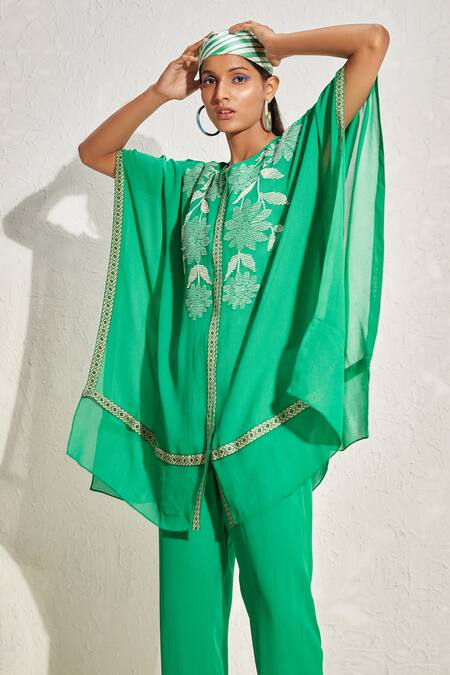 Buy_Namrata Joshipura_Green Georgette Hand Embellished Forsythia Kaftan And Pant Co-ord Set _Online_at_Aza_Fashions