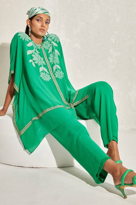 Namrata Joshipura_Green Georgette Hand Embellished Forsythia Kaftan And Pant Co-ord Set _at_Aza_Fashions
