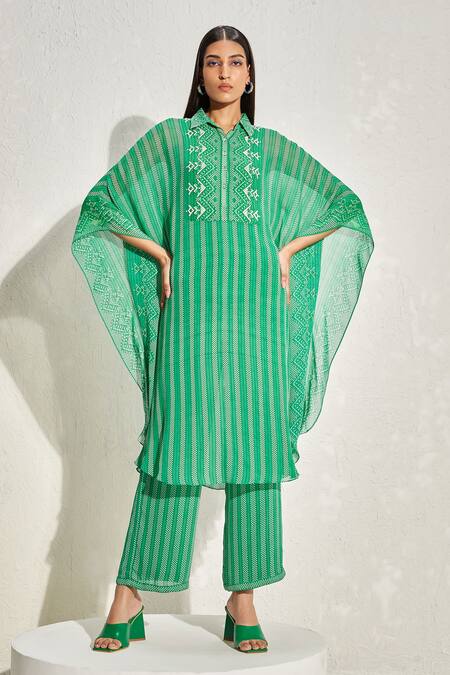 Namrata Joshipura Green Georgette Striped Patterns Collared Aster Kaftan And Pant Set Online at Aza Fashions Namrata Joshipura_Green Georgette Striped Patterns Collared Aster Kaftan And Pant Set _Online_at_Aza_Fashions