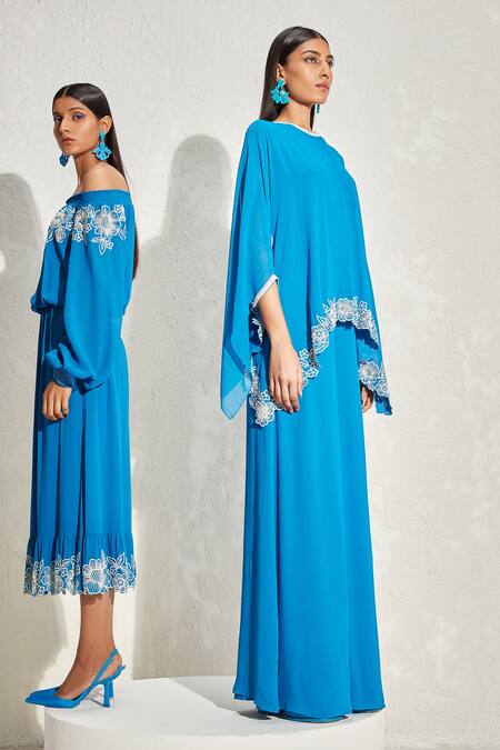 Namrata Joshipura_Blue Georgette Hand Embellished Floral Patterns Round Wisteria Cape Jumpsuit_Online_at_Aza_Fashions