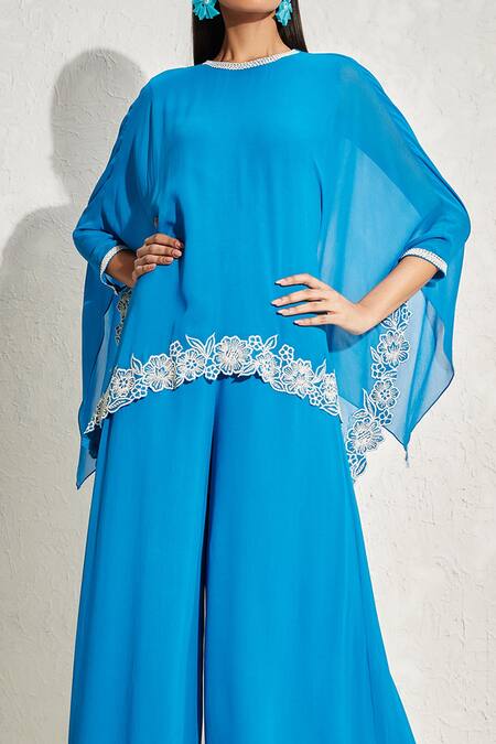 Shop_Namrata Joshipura_Blue Georgette Hand Embellished Floral Patterns Round Wisteria Cape Jumpsuit_Online_at_Aza_Fashions