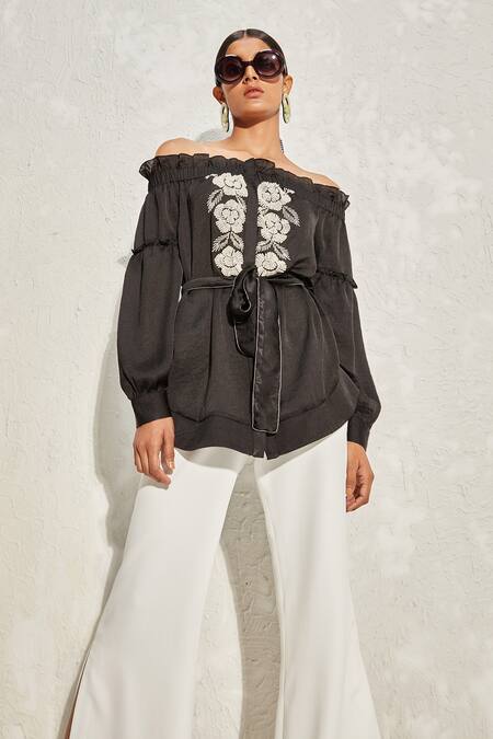 Buy Namrata Joshipura Black Georgette Hand Embellished Floral Pearl Off Shoulder Top Online at Aza Fashions Buy_Namrata Joshipura_Black Georgette Hand Embellished Floral Pearl Off Shoulder Top _Online_at_Aza_Fashions