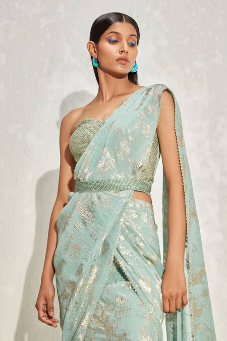 Namrata Joshipura_Green Shimmer Foil Crepe Hand Embellished Metallic Pre-draped Saree With Corset_Online_at_Aza_Fashions