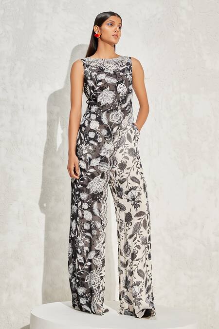 Namrata Joshipura_Black Georgette Hand Embellished Floral Eden Scallop Overlapped Jumpsuit_Online_at_Aza_Fashions