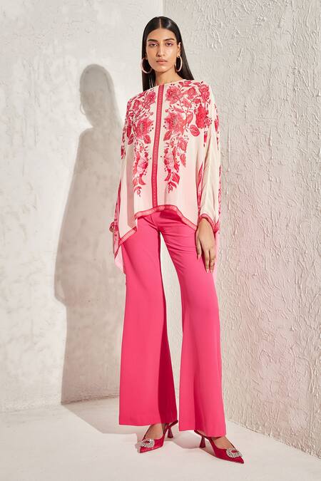 Namrata Joshipura_Pink Crepe Floral Patterns Straight Eden Kaftan Top_Online_at_Aza_Fashions