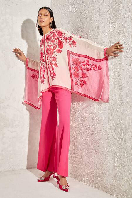 Shop_Namrata Joshipura_Pink Crepe Floral Patterns Straight Eden Kaftan Top_Online_at_Aza_Fashions