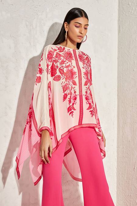 Namrata Joshipura_Pink Crepe Floral Patterns Straight Eden Kaftan Top_at_Aza_Fashions