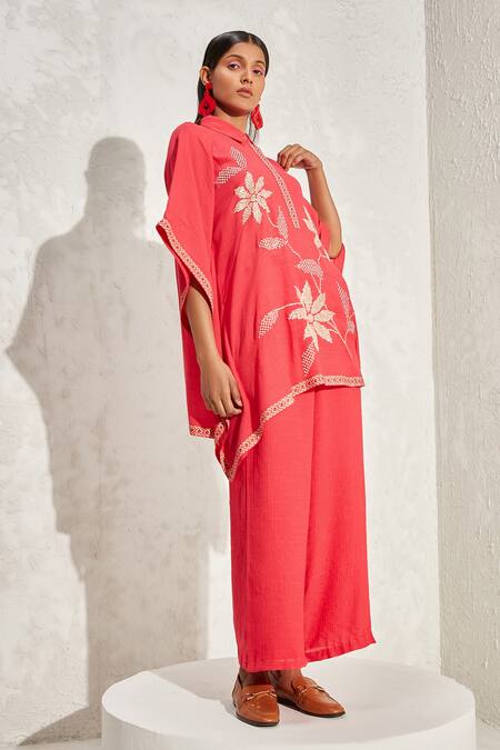 Namrata Joshipura_Red Linen Crepe Hand Embellished Floral Patterns Primrose Kaftan Top _Online_at_Aza_Fashions