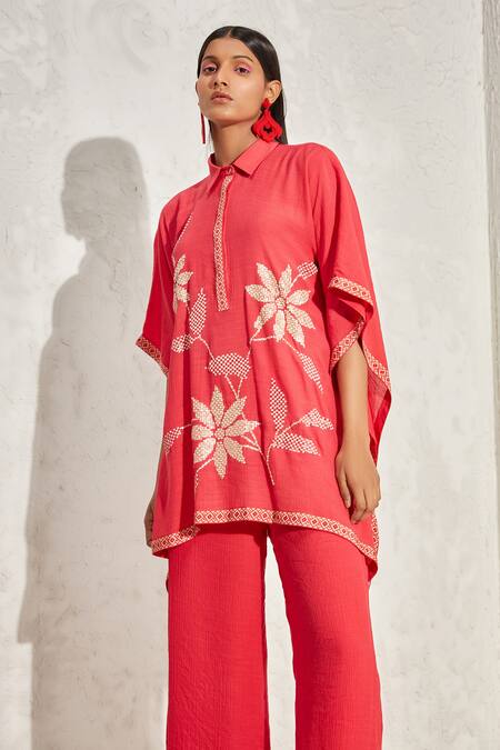 Buy_Namrata Joshipura_Red Linen Crepe Hand Embellished Floral Patterns Primrose Kaftan Top _Online_at_Aza_Fashions