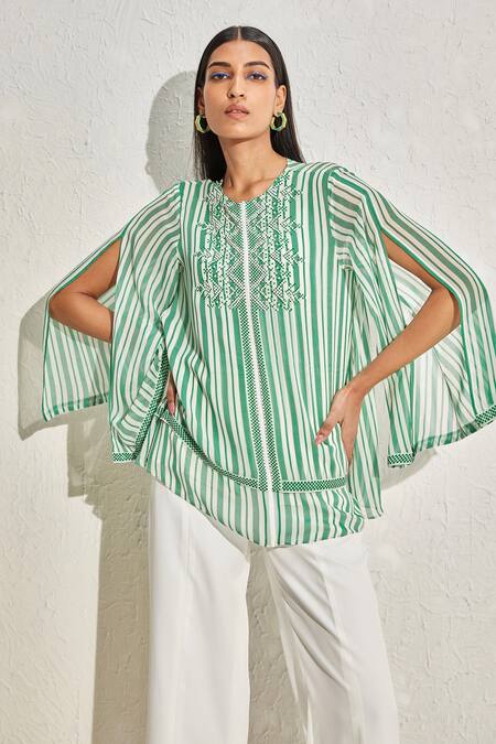 Namrata Joshipura Green Georgette Hand Embellished Aster Striped Double Layer Top Online at Aza Fashions Namrata Joshipura_Green Georgette Hand Embellished Aster Striped Double Layer Top _Online_at_Aza_Fashions