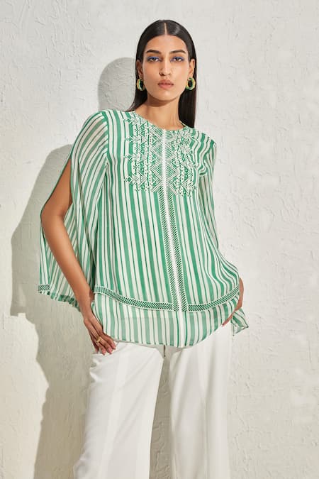Buy Namrata Joshipura Green Georgette Hand Embellished Aster Striped Double Layer Top Online at Aza Fashions Buy_Namrata Joshipura_Green Georgette Hand Embellished Aster Striped Double Layer Top _Online_at_Aza_Fashions