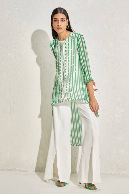 Namrata Joshipura_Green Georgette Hand Embellished Floral Patterns Aster Striped Long Back Tunic_Online_at_Aza_Fashions