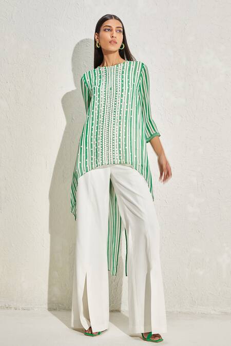 Buy_Namrata Joshipura_Green Georgette Hand Embellished Floral Patterns Aster Striped Long Back Tunic_Online_at_Aza_Fashions