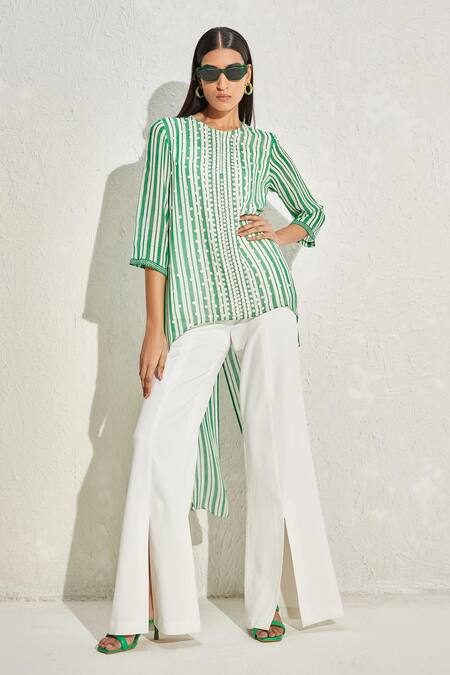 Shop_Namrata Joshipura_Green Georgette Hand Embellished Floral Patterns Aster Striped Long Back Tunic_Online_at_Aza_Fashions