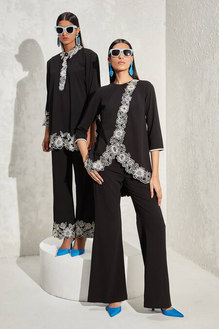 Namrata Joshipura Black Moss Crepe Hand Embellished Floral Wisteria Overlap Top And Pant Co-ord Set Online at Aza Fashions Namrata Joshipura_Black Moss Crepe Hand Embellished Floral Wisteria Overlap Top And Pant Co-ord Set_Online_at_Aza_Fashions